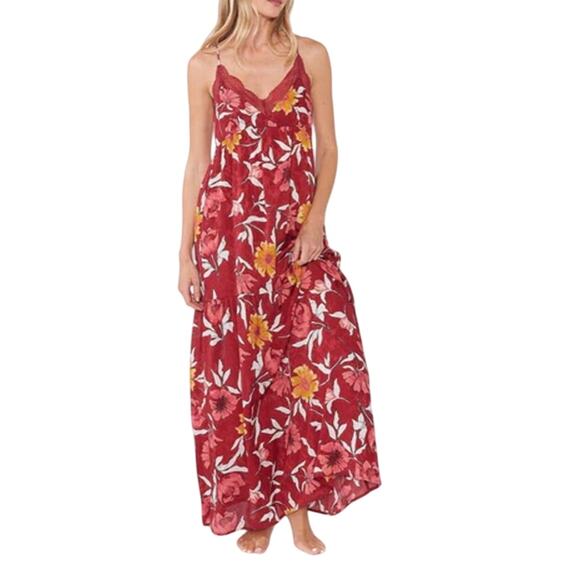 Lovestitch Wine/Gold Macara Floral Sleeveless Tiered Maxi Slip Dress Medium NWT - Picture 1 of 16